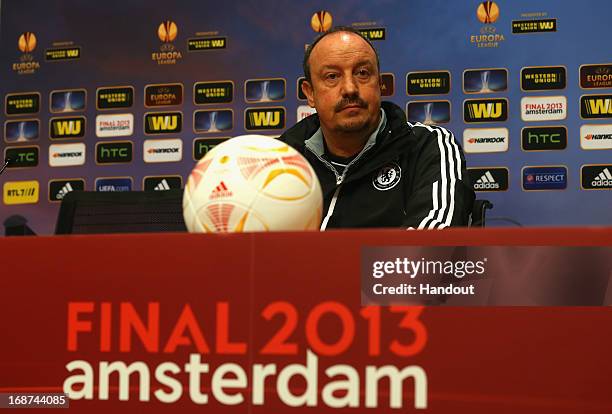 Chelsea Interim Manager Rafael Benitez looks on during a Chelsea press conference ahead of the UEFA Europa League Final match against SL Benfica at...