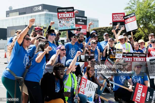 Hollywood, CA Members of WGA cheer at the end of their picket in front of CBS Television City on Sunday, Sept. 24, 2023 in Hollywood, CA. Saturday...