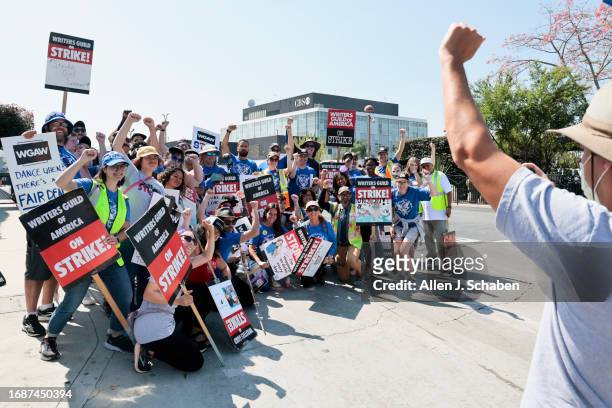 Hollywood, CA Members of WGA cheer at the end of their picket in front of CBS Television City on Sunday, Sept. 24, 2023 in Hollywood, CA. Saturday...