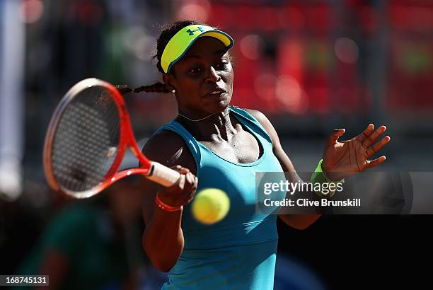 Sloane Stephens of the USA plays a forehand against Flavia Pennetta of Italy in their first round match during day three of the Internazionali BNL...