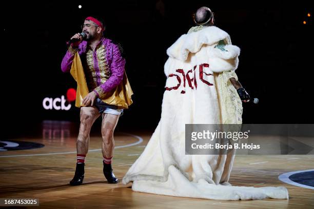Anibal Gomez and Carlos Areces of music group Ojete Calor during Finals of Supercopa of Liga Endesa match between Real Madrid and Unicaja Malaga at...