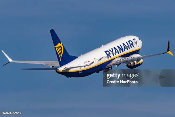 Ryanair Boeing 737 MAX 8 as seen during taxiing, take off and flying phase in Eindhoven Airport EIN. The Boeing 737 MAX-8 or 737-8200 MAX has the...