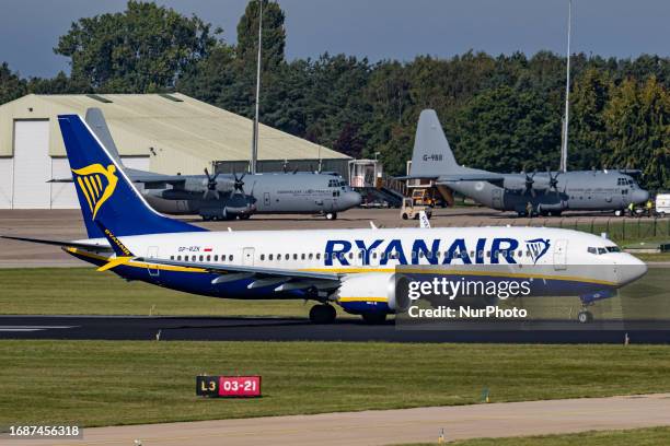 Ryanair Boeing 737 MAX 8 as seen during taxiing, take off and flying phase in Eindhoven Airport EIN. The Boeing 737 MAX-8 or 737-8200 MAX has the...