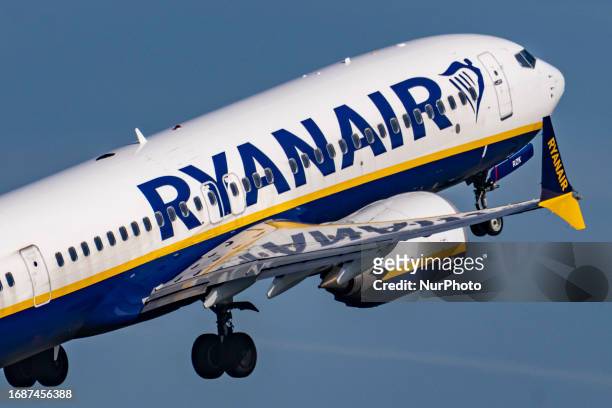 Ryanair Boeing 737 MAX 8 as seen during taxiing, take off and flying phase in Eindhoven Airport EIN. The Boeing 737 MAX-8 or 737-8200 MAX has the...