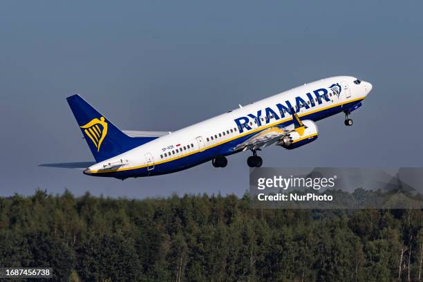 Ryanair Boeing 737 MAX 8 as seen during taxiing, take off and flying phase in Eindhoven Airport EIN. The Boeing 737 MAX-8 or 737-8200 MAX has the...