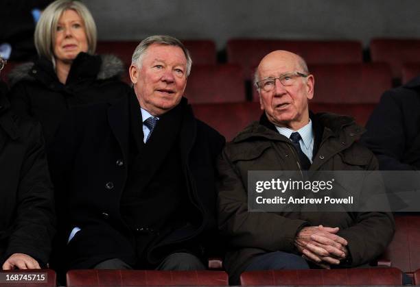 Alex Ferguson manager of Manchester United watches from the stands with Bobby Charlton during the Barclays Under-21 Premier League Elite Group Semi...