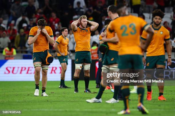 Dejection for Australia players and staff after the Rugby World Cup France 2023 match between Wales and Australia at Parc Olympique on September 24,...