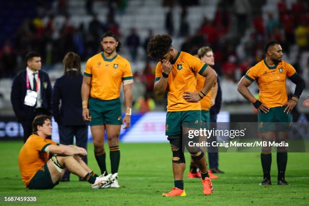 Dejection for Australia players and staff after the Rugby World Cup France 2023 match between Wales and Australia at Parc Olympique on September 24,...