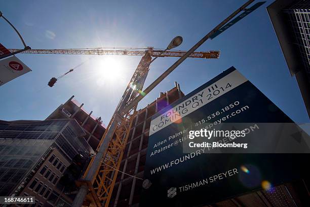 Crane stands at the 279,000 square foot Tishman Speyer Properties LP Foundry Square III construction site on Howard Street in San Francisco,...