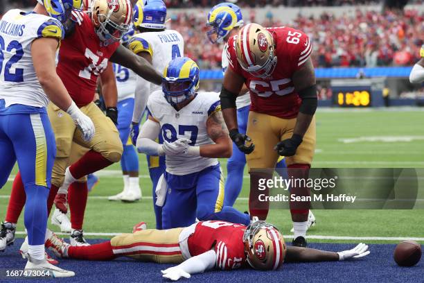 Deebo Samuel of the San Francisco 49ers reacts to a touchdown during the fourth quarter against the Los Angeles Rams at SoFi Stadium on September 17,...