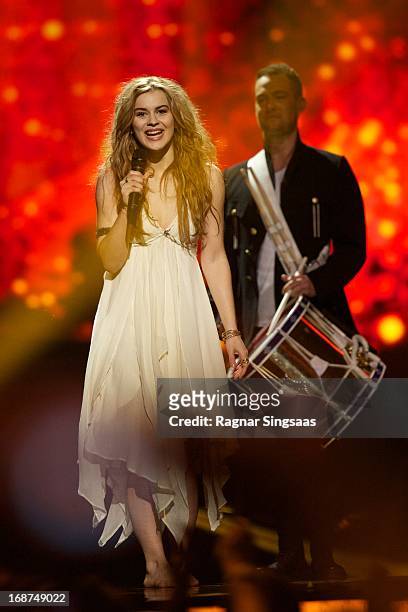 Emmelie de Forest of Denmark performs on stage during the first semi final of the Eurovision Song Contest 2013 at Malmo Arena on May 14, 2013 in...