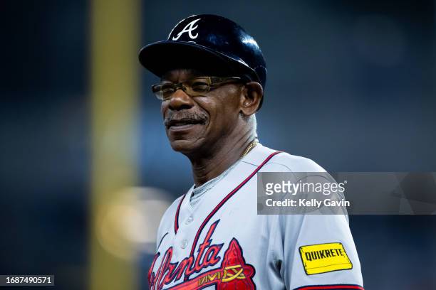 Third Base Coach Ron Washington of the Atlanta Braves looks on during the game between the Atlanta Braves and the Miami Marlins at loanDepot park on...