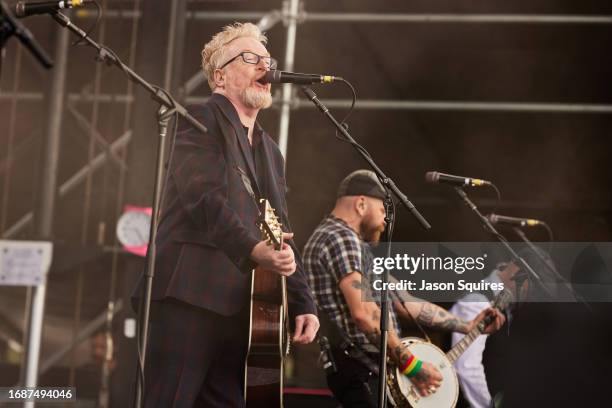 Dave King, Spencer Swain, and Dennis Casey of Flogging Molly perform at Riot Fest 2023 at Douglass Park on September 17, 2023 in Chicago, Illinois.