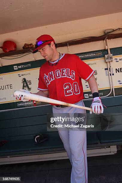 Brendan Harris of the Los Angeles Angels of Anaheim stands in the dugout prior to the game against the Oakland Athletics at O.co Coliseum on May 1,...