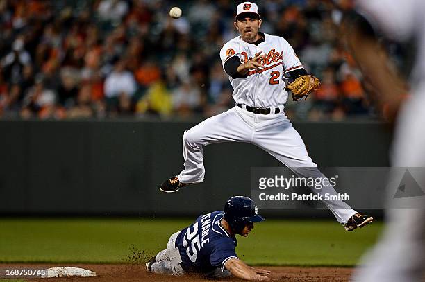 Shortstop J.J. Hardy of the Baltimore Orioles makes a throw to first base to make a double play as base runner Will Venable of the San Diego Padres...
