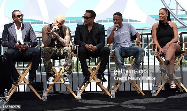 Chris Tucker, Chris Brown, Charlie Wilson, Kendrick Lamar and Tamar Braxton attend the BET Awards 2013 Press Conference at Icon Ultra Lounge on May...