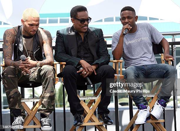 Chris Brown, Charlie Wilson and Kendrick Lamar attend the BET Awards 2013 Press Conference at Icon Ultra Lounge on May 14, 2013 in Los Angeles,...