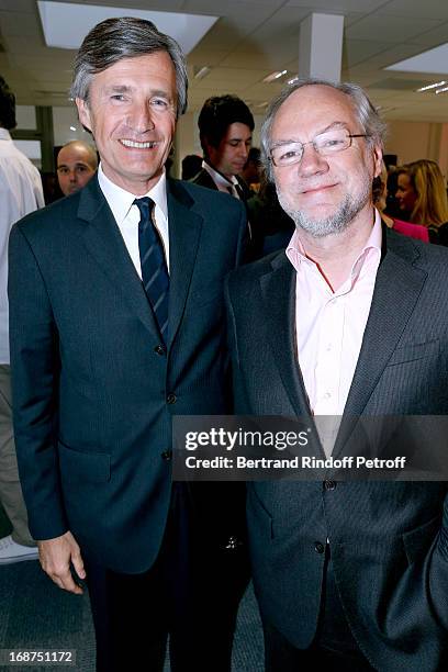 President of L'Opinion Nicolas Beytout and News Editor of Nouvel Observateur Laurent Joffrin attend 'L'Opinion' Newspaper Launch Party on May 14,...