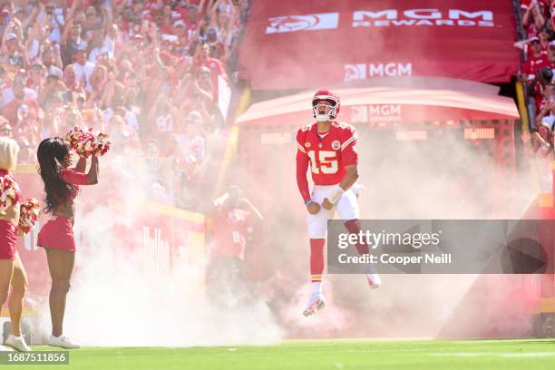 Patrick Mahomes of the Kansas City Chiefs takes the field before kickoff against the Chicago Bears at GEHA Field at Arrowhead Stadium on September...