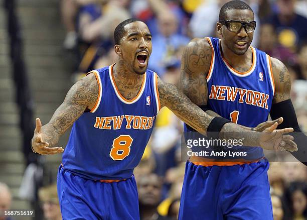 Smith and Amare Stoudemire of the New York Knicks protest a foul called during the game against the Indiana Pacers during Game Four of the Eastern...