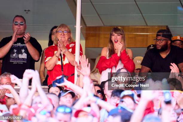 Taylor Swift cheers from a suite with Donna Kelce as the Kansas City Chiefs play the Chicago Bears during the first half at GEHA Field at Arrowhead...