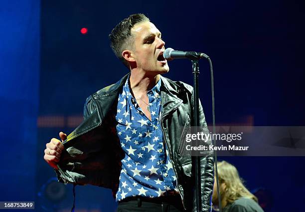 Brandon Flowers performs during The Killers "Battle Born" tour at Madison Square Garden on May 14, 2013 in New York City.