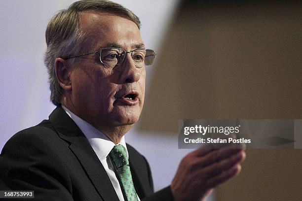 Deputy Prime Minister and Treasurer Wayne Swan delivers his post Budget Press Club address in the Great Hall on May 15, 2013 in Canberra, Australia....