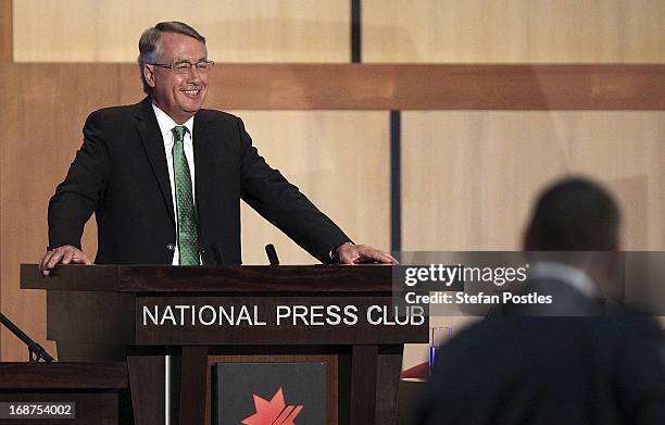 Deputy Prime Minister and Treasurer Wayne Swan delivers his post Budget Press Club address in the Great Hall on May 15, 2013 in Canberra, Australia....