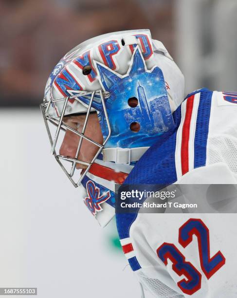 Jonathan Quick of the New York Rangers tends goal during the first period against the Boston Bruins in a preseason game at the TD Garden on September...