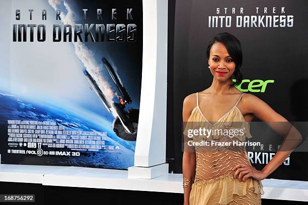 Actress Zoe Saldana arrives at the premiere of Paramount Pictures' 'Star Trek Into Darkness' at the Dolby Theatre on May 14, 2013 in Hollywood,...