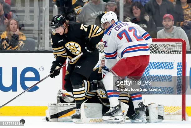 Boston Bruins defenseman Alec Regula defends on the penalty kill during a game between the Boston Bruins and the New York Rangers on September 24 at...