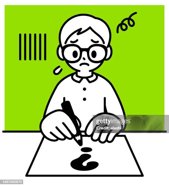 a boy with horn-rimmed glasses sitting at a desk has difficulty writing, he doesn't know how to start writing, minimalist style, black and white outline - horn rimmed glasses stock illustrations stock illustrations