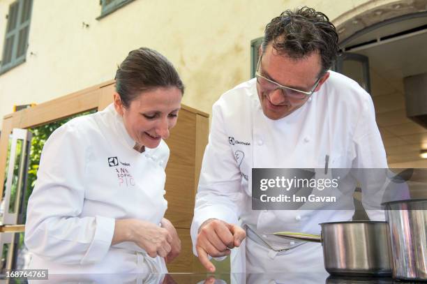 Electrolux partner chefs Anne-Sophie Pic and Bruno Oger attend Electrolux 'Film Festival de Cannes' Gala Dinner Preparation at Villa Archange on May...