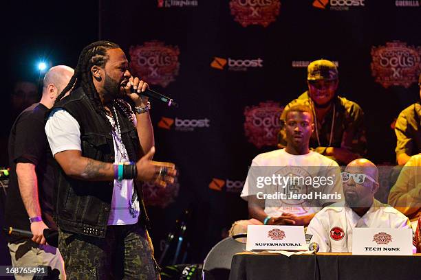 Rapper Supernatural performs at the 2013 Rock The Bells lineup at the Rock The Bells 2013 press conference and launch party at House of Blues Sunset...