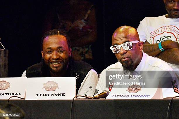 Rappers Supernatrual and Tech N9ne attend the Rock The Bells 2013 press conference and launch party at House of Blues Sunset Strip on May 14, 2013 in...