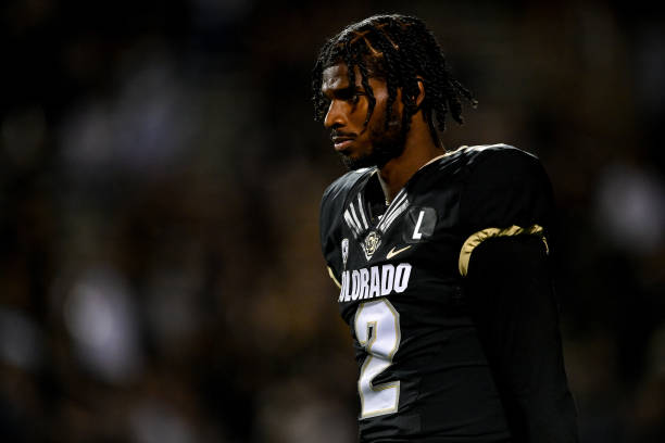 Quarterback Shedeur Sanders of the Colorado Buffaloes warms up before a game against the Colorado State Rams at Folsom Field on September 16, 2023 in...