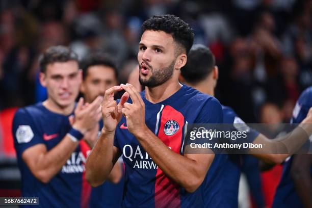 Goncalo RAMOS of PSG celebrates his goal during the Ligue 1 Uber Eats match between Paris Saint-Germain Football Club and Olympique de Marseille at...