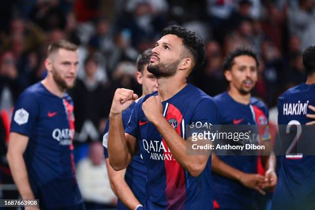 Goncalo RAMOS of PSG celebrates his goal during the Ligue 1 Uber Eats match between Paris Saint-Germain Football Club and Olympique de Marseille at...