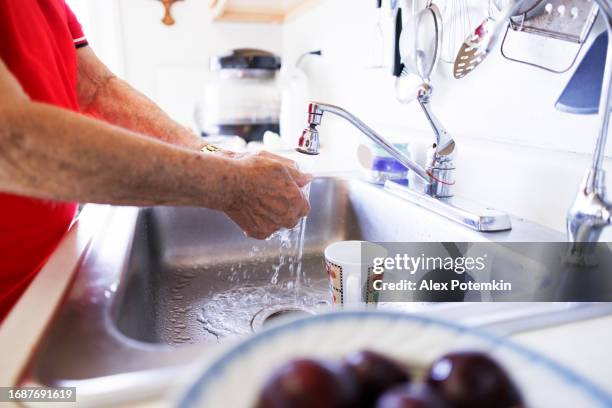 vovô lavando ameixas. mãos de homem velho limpando ameixas e lavando as mãos na cozinha ensolarada - superexposto - fotografias e filmes do acervo