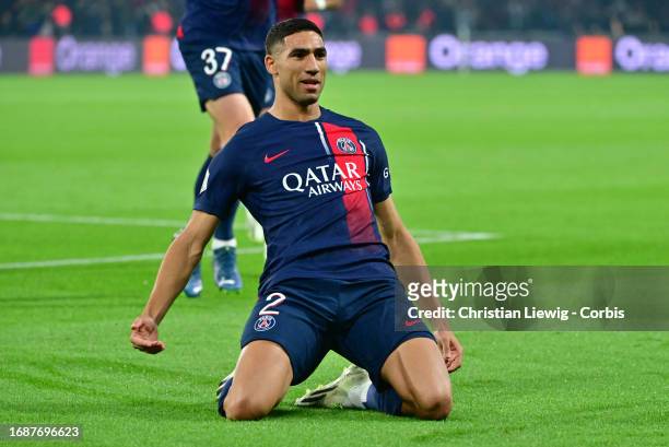 Achraf Hakimi of Paris Saint-Germain celebrates his first goal with teammattes of Paris Saint-Germain in action during the French First League...