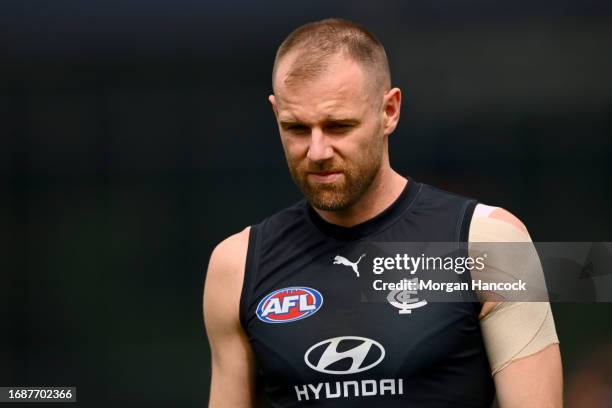 Sam Docherty of the Blues trains during a Carlton Blues AFL training session at Ikon Park on September 18, 2023 in Melbourne, Australia.