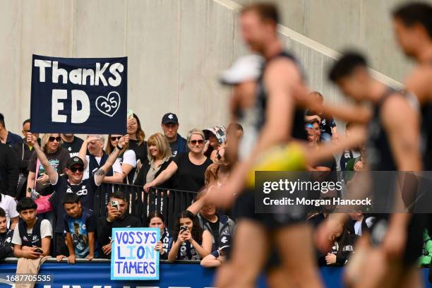 Fans show their support as players train during a Carlton Blues AFL training session at Ikon Park on September 18, 2023 in Melbourne, Australia.