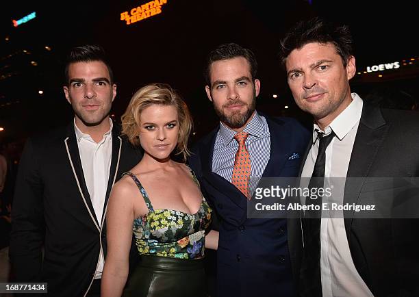 Actors Zachary Quinto, Alice Eve, Chris Pine and Karl Urban attend the after party for the premiere of Paramount Pictures' "Star Trek Into Darkness"...