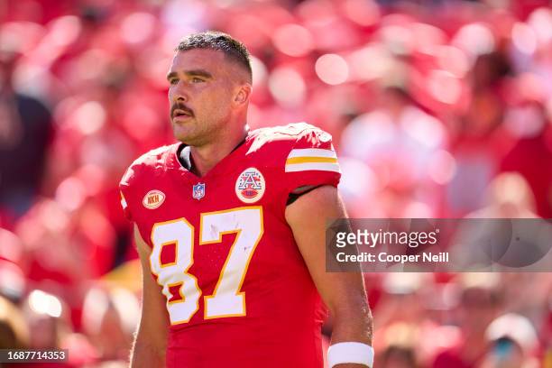 Travis Kelce of the Kansas City Chiefs looks on before kickoff against the Chicago Bears at GEHA Field at Arrowhead Stadium on September 24, 2023 in...