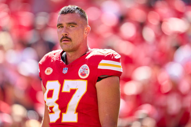 Travis Kelce of the Kansas City Chiefs looks on before kickoff against the Chicago Bears at GEHA Field at Arrowhead Stadium on September 24, 2023 in...