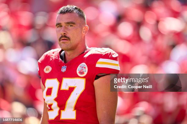Travis Kelce of the Kansas City Chiefs looks on before kickoff against the Chicago Bears at GEHA Field at Arrowhead Stadium on September 24, 2023 in...