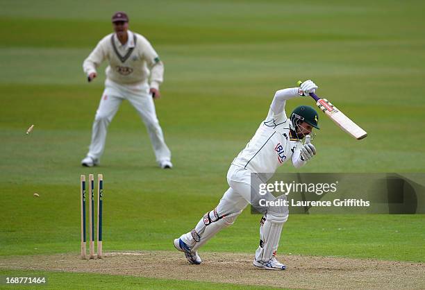 Ed Cowan of Nottinghamshire is bowled by Stuart Meaker of Surry during day one of the LV County Championship division one match between...