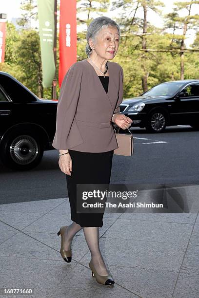 Empress Michiko is seen upon arrival at the National Theatre to view Japanese traditional puppet theatre 'Sonezaki-Shinju' by Bunraku on May 14, 2013...