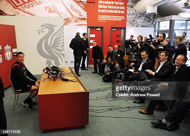 Jamie Carragher of Liverpool attends a press conference at Melwood Training Ground on May 15, 2013 in Liverpool, England.
