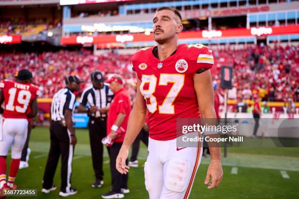 Travis Kelce of the Kansas City Chiefs celebrates after defeating the Chicago Bears at GEHA Field at Arrowhead Stadium on September 24, 2023 in...